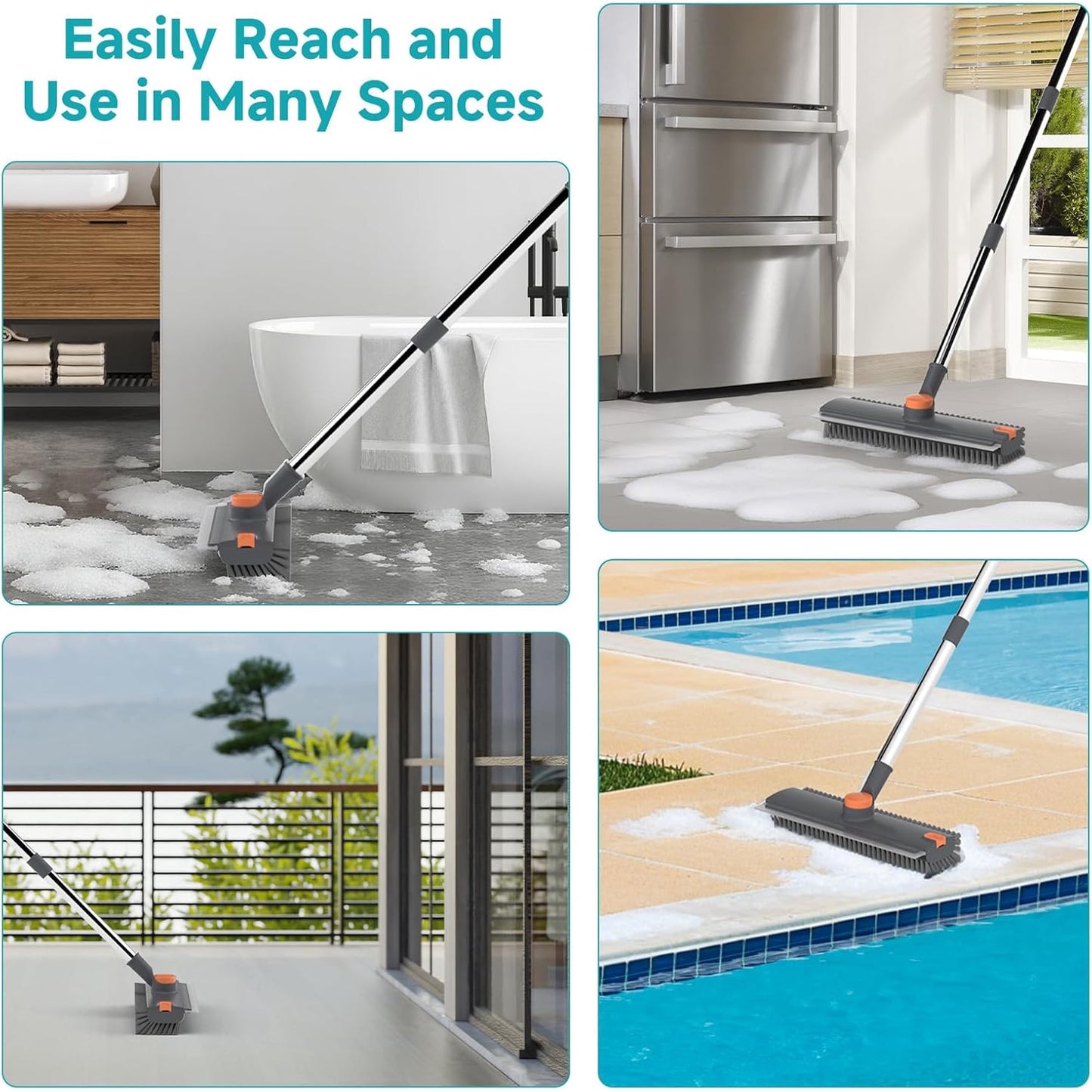 Scrub Brush with Long Handle, Floor Scrub Brush Squeegee Broom for Cleaning, 3 in 1 Shower Scrubber Floor Broom Squeegee for Concrete Tile Wall Deck Patio Grey