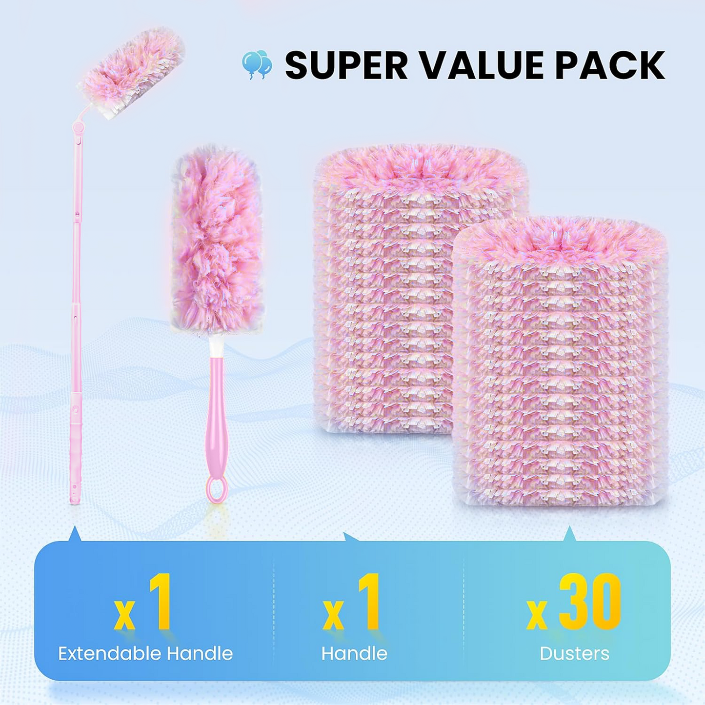 Clnez Duster Refills 360 for Swiffer 30 pcs & Handle & Extendable Handle*1 Disposable Feather Duster Multi Surface Refills(Pink)