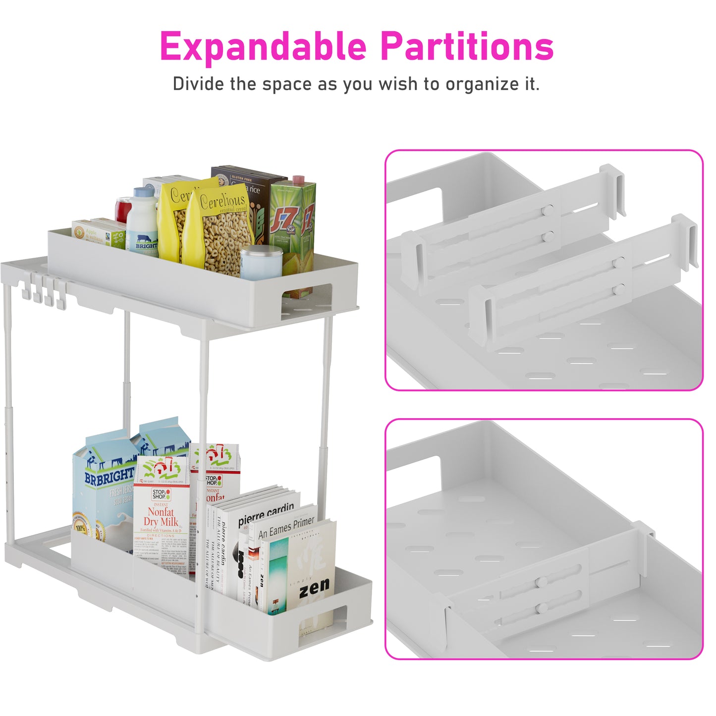 ClozOrg 2 Pack Adjustable Height Under Sink Organizers and Storage, 2 Tier Double Sliding Drawer Cabinet Basket Organizer with Hooks and Hanging Cup, for Kitchen, Bathroom, Garage Storage-White