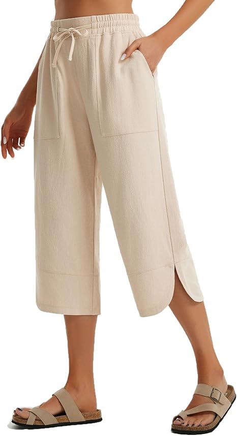 WQD Women's Capri Pants High Waisted Linen Palazzo Trousers Wide Leg Beach Casual Work Pants with Pockets