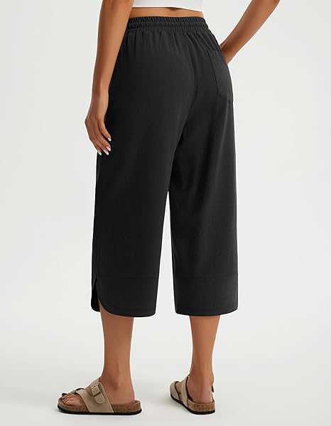 WQD Women's Capri Pants High Waisted Linen Palazzo Trousers Wide Leg Beach Casual Work Pants with Pockets