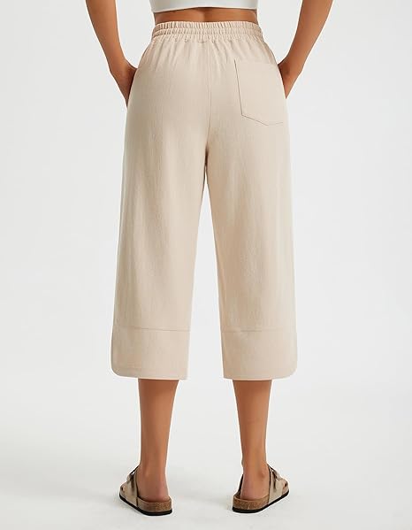 WQD Women's Capri Pants High Waisted Linen Palazzo Trousers Wide Leg Beach Casual Work Pants with Pockets