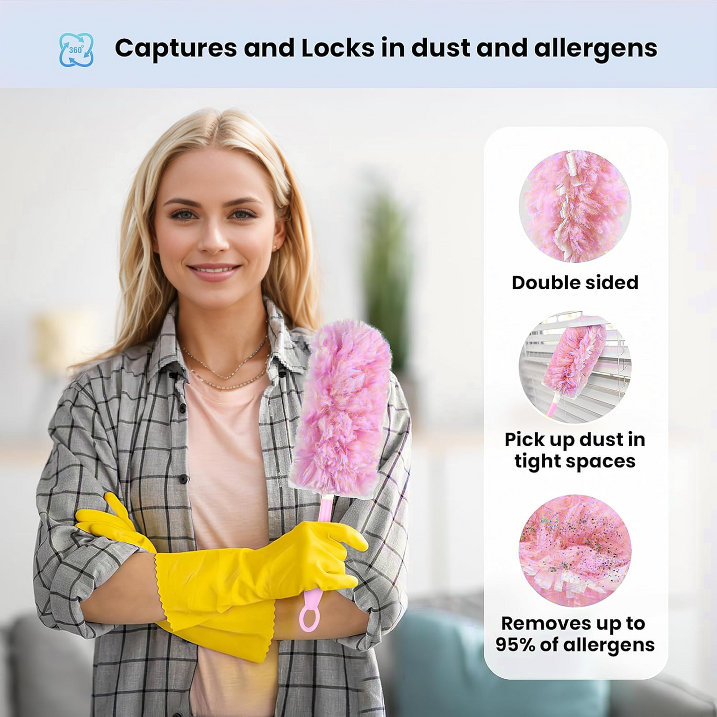 Clnez Duster Refills 360 for Swiffer 30 pcs & Handle & Extendable Handle*1 Disposable Feather Duster Multi Surface Refills(Pink)
