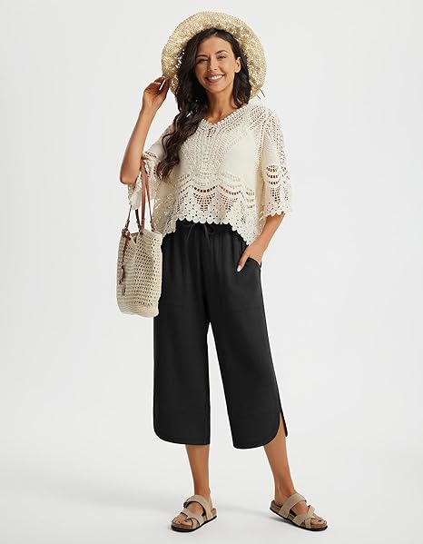 WQD Women's Capri Pants High Waisted Linen Palazzo Trousers Wide Leg Beach Casual Work Pants with Pockets