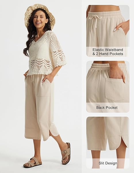 WQD Women's Capri Pants High Waisted Linen Palazzo Trousers Wide Leg Beach Casual Work Pants with Pockets