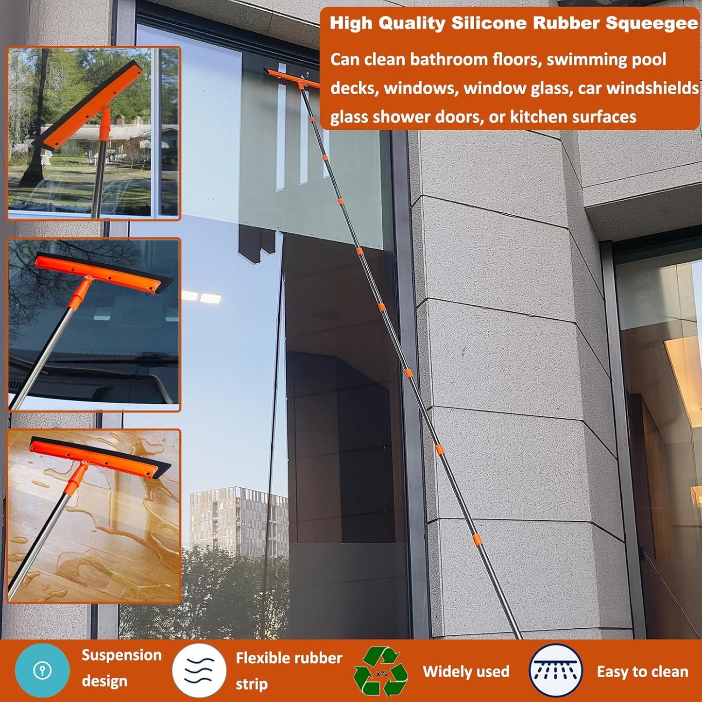 Clnez 20+ Foot Reach High Ceiling Duster Kit & Window Cleaning Kit | 3-14 ft Telescopic Pole with Window Washer, Squeegee, Cobweb, Fan, and Feather Dusters