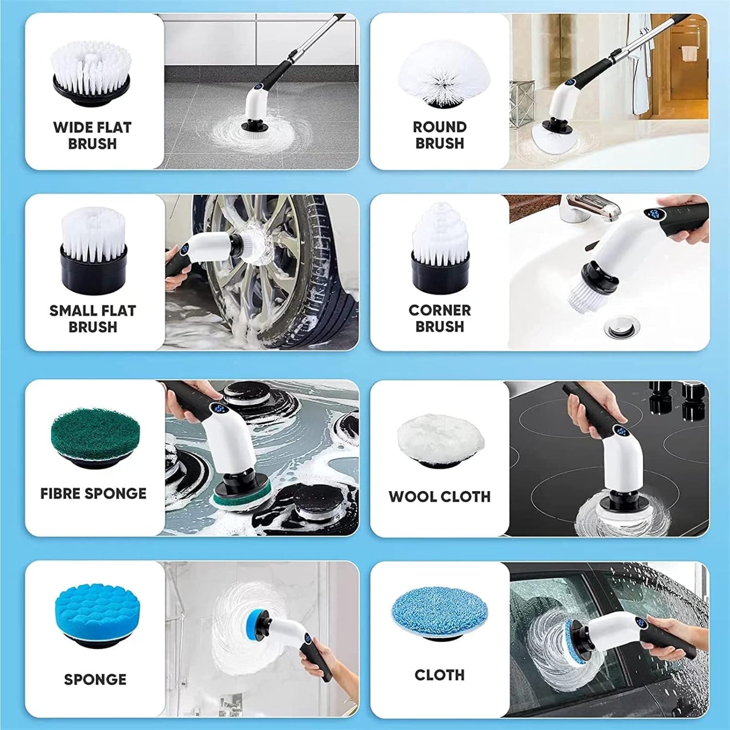 Electric Spin Scrubber,Cordless Cleaning Brush,Shower Cleaning Brush with 8 Replaceable Brush Heads, Power Scrubber 3 Adjustable Speeds,Adjustable & Detachable Long Handle,Voice Broadcast