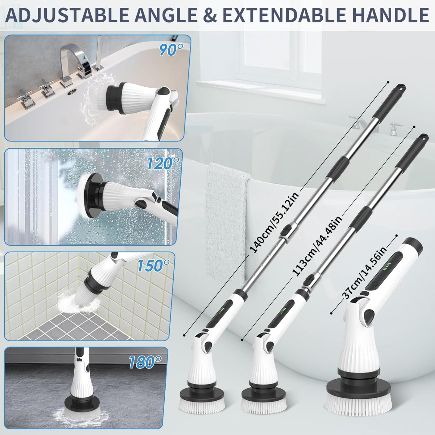 Electric Spin Scrubber, ClnEZ Cordless Cleaning Brush Waterproof with Replaceable Brush Heads, 54.7 inch Adjustable Extension Arm for Bathroom Tub Tile Floor