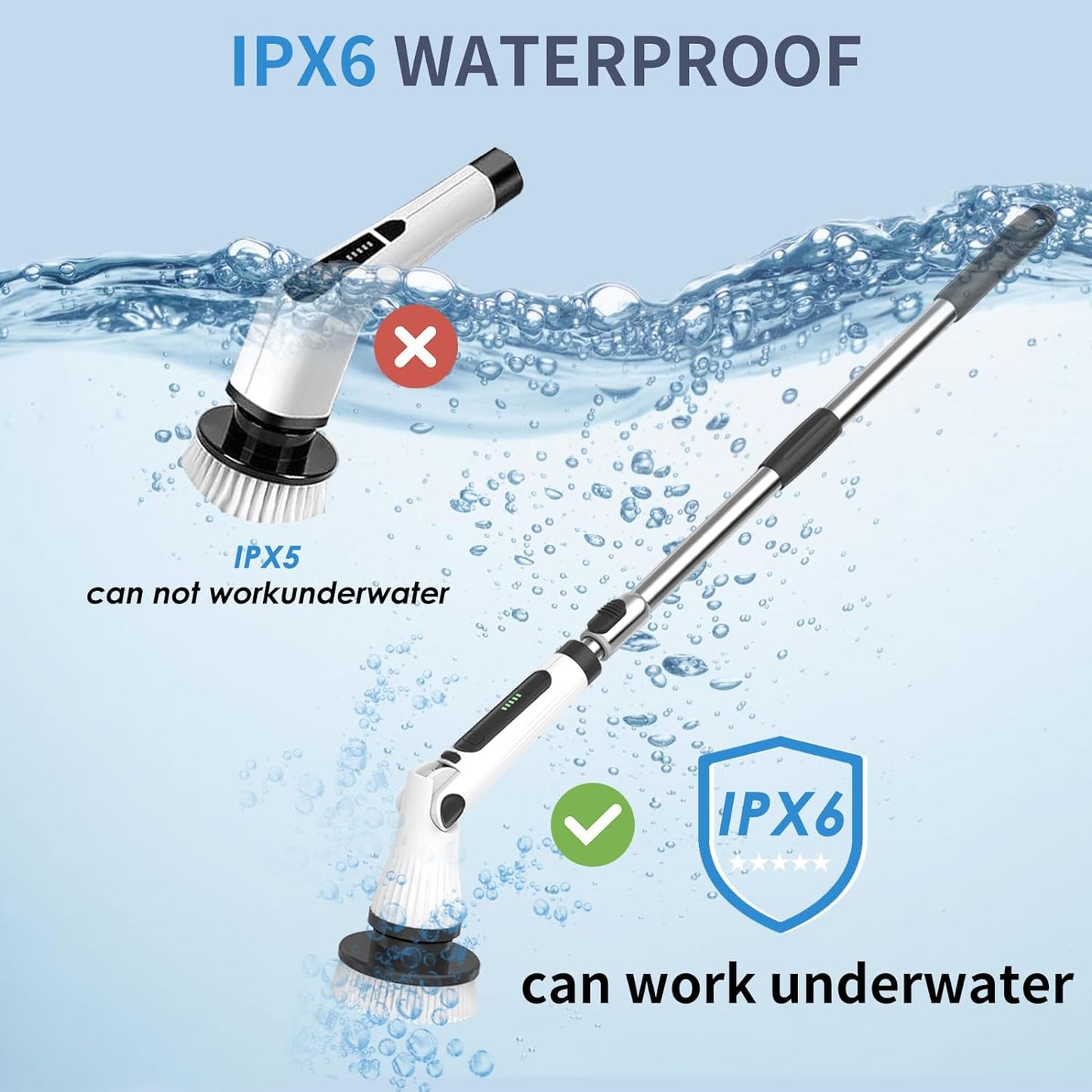 Electric Spin Scrubber, ClnEZ Cordless Cleaning Brush Waterproof with Replaceable Brush Heads, 54.7 inch Adjustable Extension Arm for Bathroom Tub Tile Floor