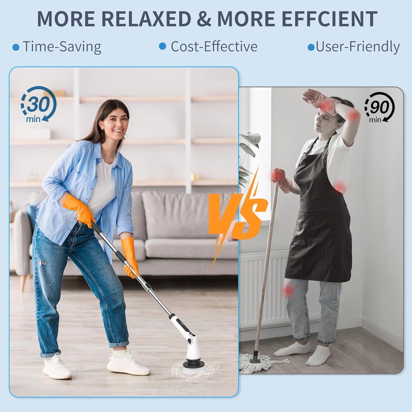 Electric Spin Scrubber, ClnEZ Cordless Cleaning Brush Waterproof with Replaceable Brush Heads, 54.7 inch Adjustable Extension Arm for Bathroom Tub Tile Floor
