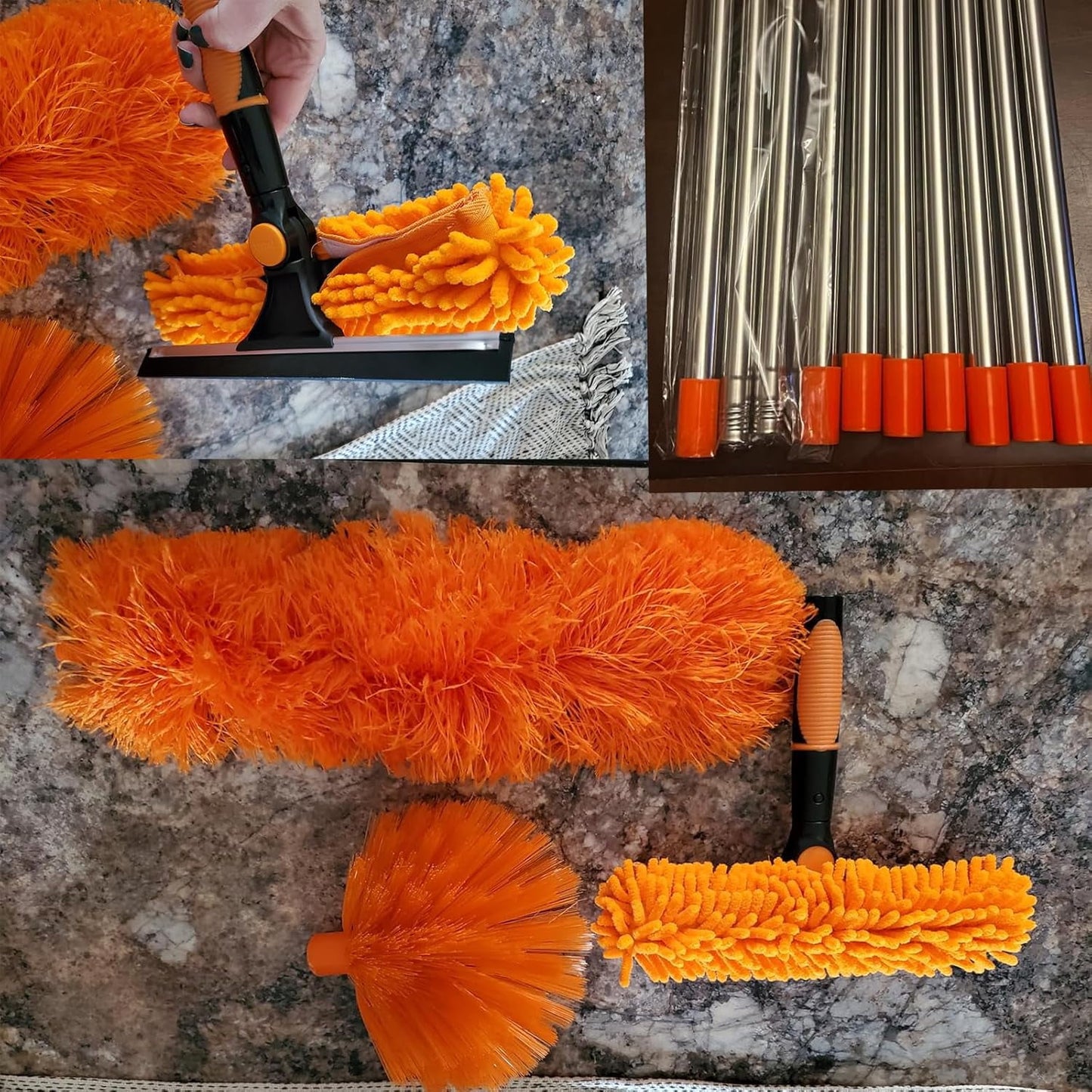 Clnez 20+ Foot Reach High Ceiling Duster Kit & Window Cleaning Kit | 3-14 ft Telescopic Pole with Window Washer, Squeegee, Cobweb, Fan, and Feather Dusters