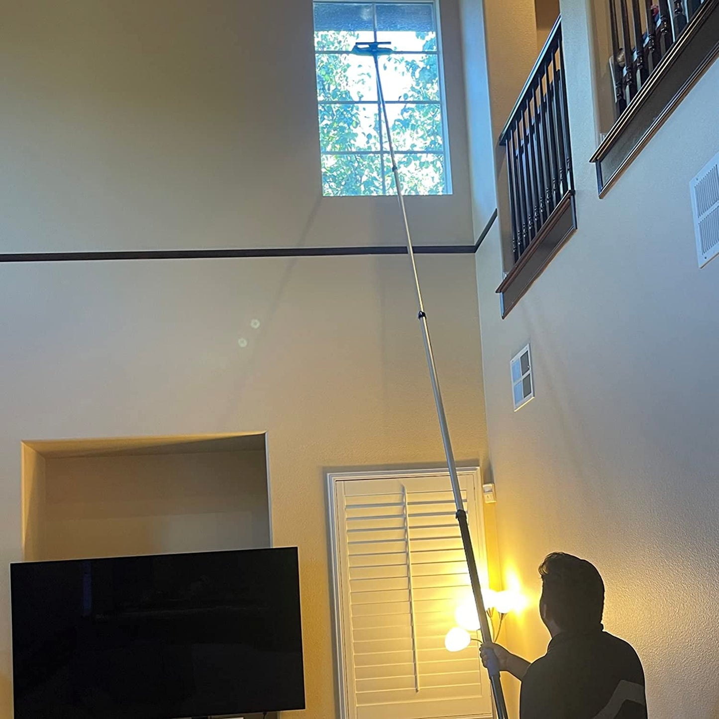 Clnez 20FT High Ceiling Fan Duster with 5–12FT Extension Pole, Telescoping Duster Kit with Cobweb, Feather, Window Squeegee & Microfiber Brush – Blue