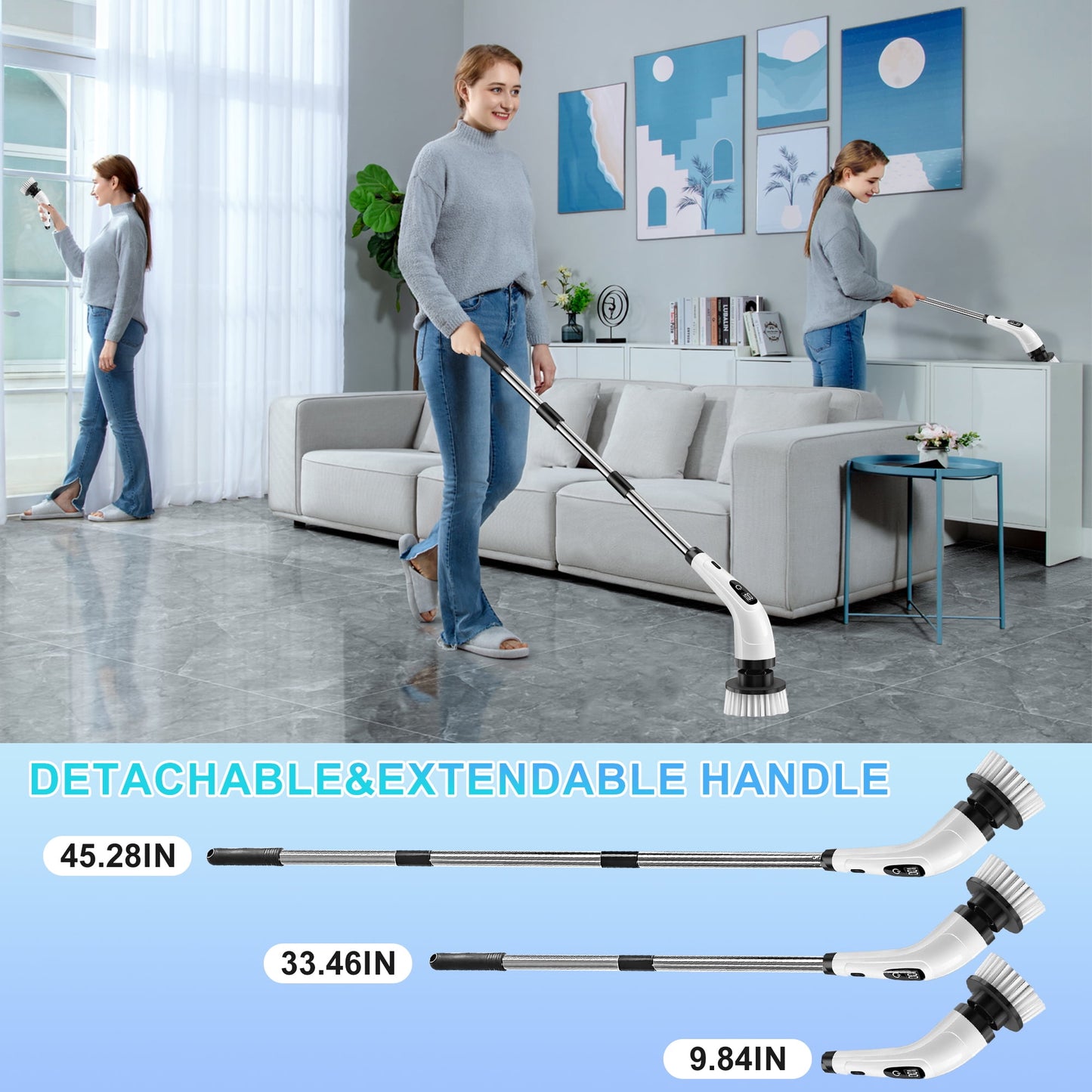 Electric Spin Scrubber - Cordless Cleaning Brush with 7 Heads & Long Handle Power Shower Scrubber for Bathroom Kitchen Tile Floor, White