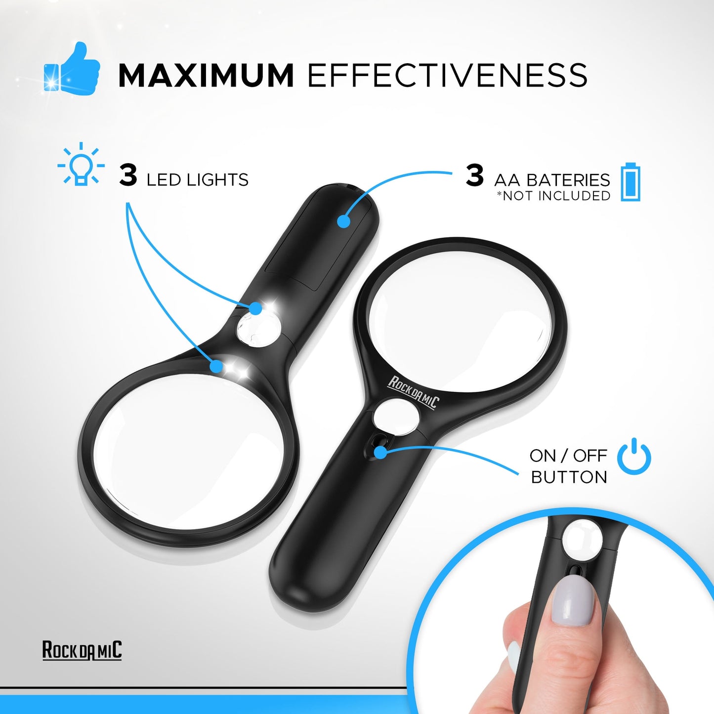 RockDaMic Professional Magnifying Glass with Light (3X / 45x) Large Lighted