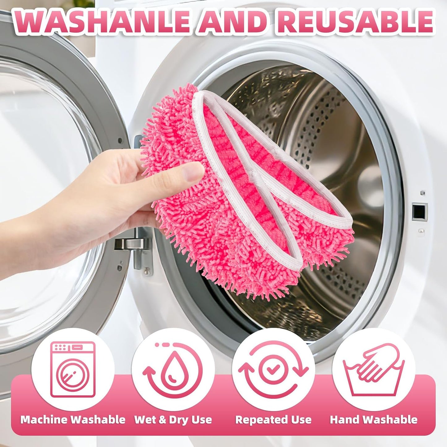 12 Pack Reusable Mop Pads Compatible with SwifferSweeper Mop, Wet and Dry Chenille Sweeping Cloths, Washable Pads Refill, Microfiber Pads for Multi-Surface/Hardwood Floor Cleaning (Pink)
