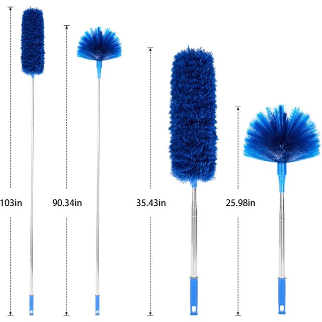 Clnez Ceiling Fan Duster with Extension Pole, Cobweb & Corner Brush Cleaning Kit ,15-100 Inch Long Handle Aluminum Telescoping Pole, Washable(Blue)