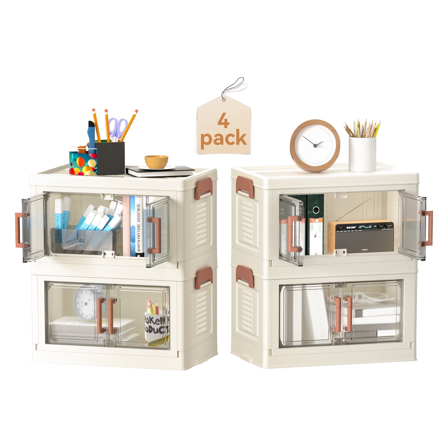 4-Pack Stackable Storage Bins with Clear Doors and Lids - 4-Tier Organizer for Office, Home, or Classroom - Space-Saving and Durable Desktop Storage Solution