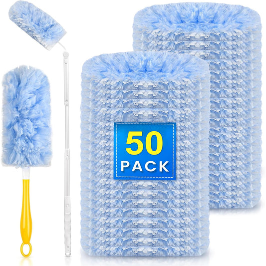 50 Count Heavy Duty Duster Compatible with Swiffer Duster, Disposable Microfiber Duster Refills with 1 Short Handle and 1 Extendable Handle