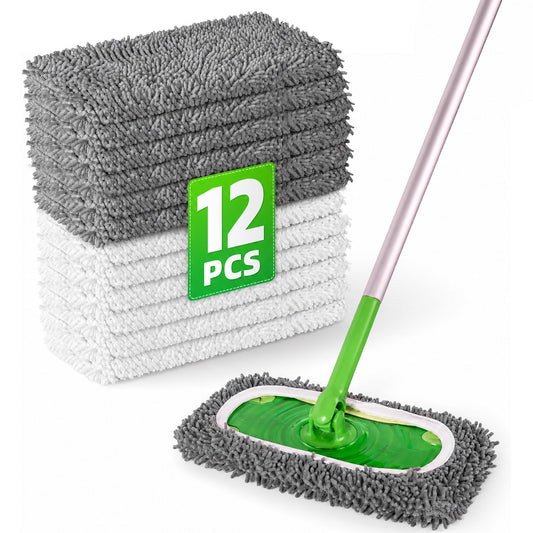 12 Pack Reusable Mop Pads Compatible with SwifferSweeper Mop, Wet and Dry Chenille Sweeping Cloths, Washable Pads Refill, Microfiber Pads for Multi-Surface/Hardwood Floor Cleaning (Gray, White)