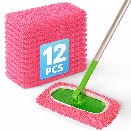 12 Pack Reusable Mop Pads Compatible with SwifferSweeper Mop, Wet and Dry Chenille Sweeping Cloths, Washable Pads Refill, Microfiber Pads for Multi-Surface/Hardwood Floor Cleaning (Pink)