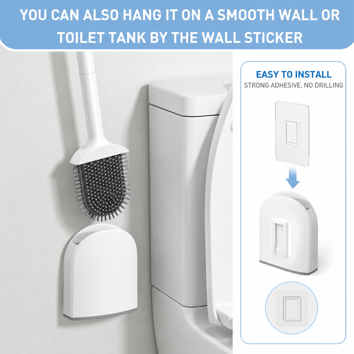 Clnez 2 Pack Toilet Brush Set, Wall-Mounted No-Drill Holder, Non-Scratch TPR Bristles, Compact Ventilated Design for Small Bathrooms, Modern White