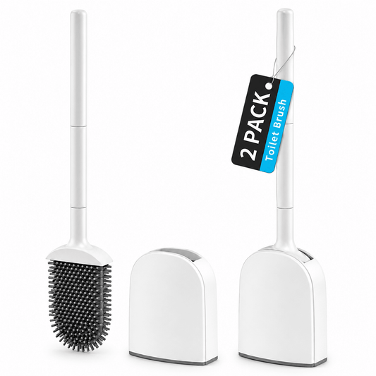 Clnez 2 Pack Toilet Brush Set, Wall-Mounted No-Drill Holder, Non-Scratch TPR Bristles, Compact Ventilated Design for Small Bathrooms, Modern White