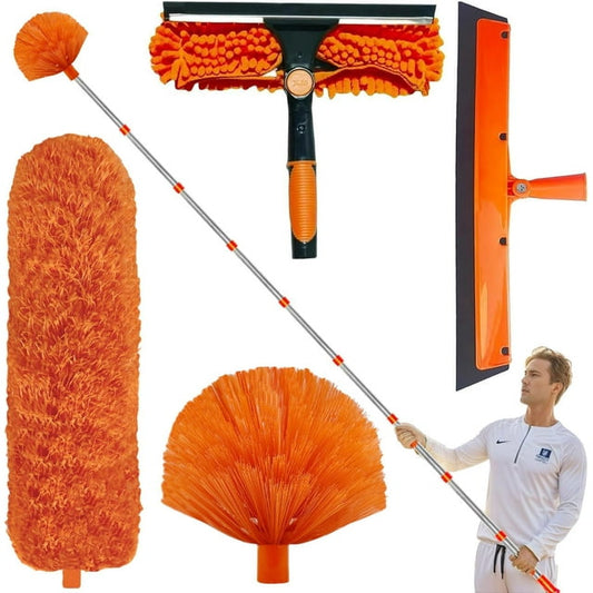 Clnez 20+ Foot Reach High Ceiling Duster Kit & Window Cleaning Kit | 3-14 ft Telescopic Pole with Window Washer, Squeegee, Cobweb, Fan, and Feather Dusters