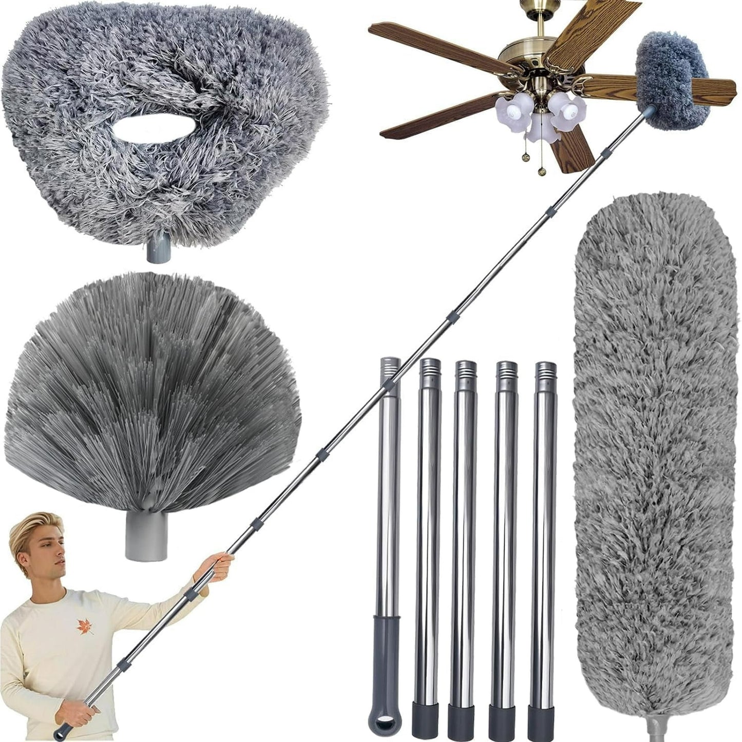 Clnez 20+ Ft High Reach Ceiling Fan Duster & Cobweb & Corner Brush Duster with 3-14 ft Spliceable Pole Microfiber Feather Duster for Spider Web, High Ceiling, Blinds, Furniture Cleaning Tool Kit