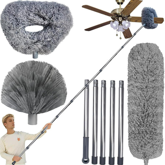 Clnez 20+ Ft High Reach Ceiling Fan Duster & Cobweb & Corner Brush Duster with 3-14 ft Spliceable Pole Microfiber Feather Duster for Spider Web, High Ceiling, Blinds, Furniture Cleaning Tool Kit