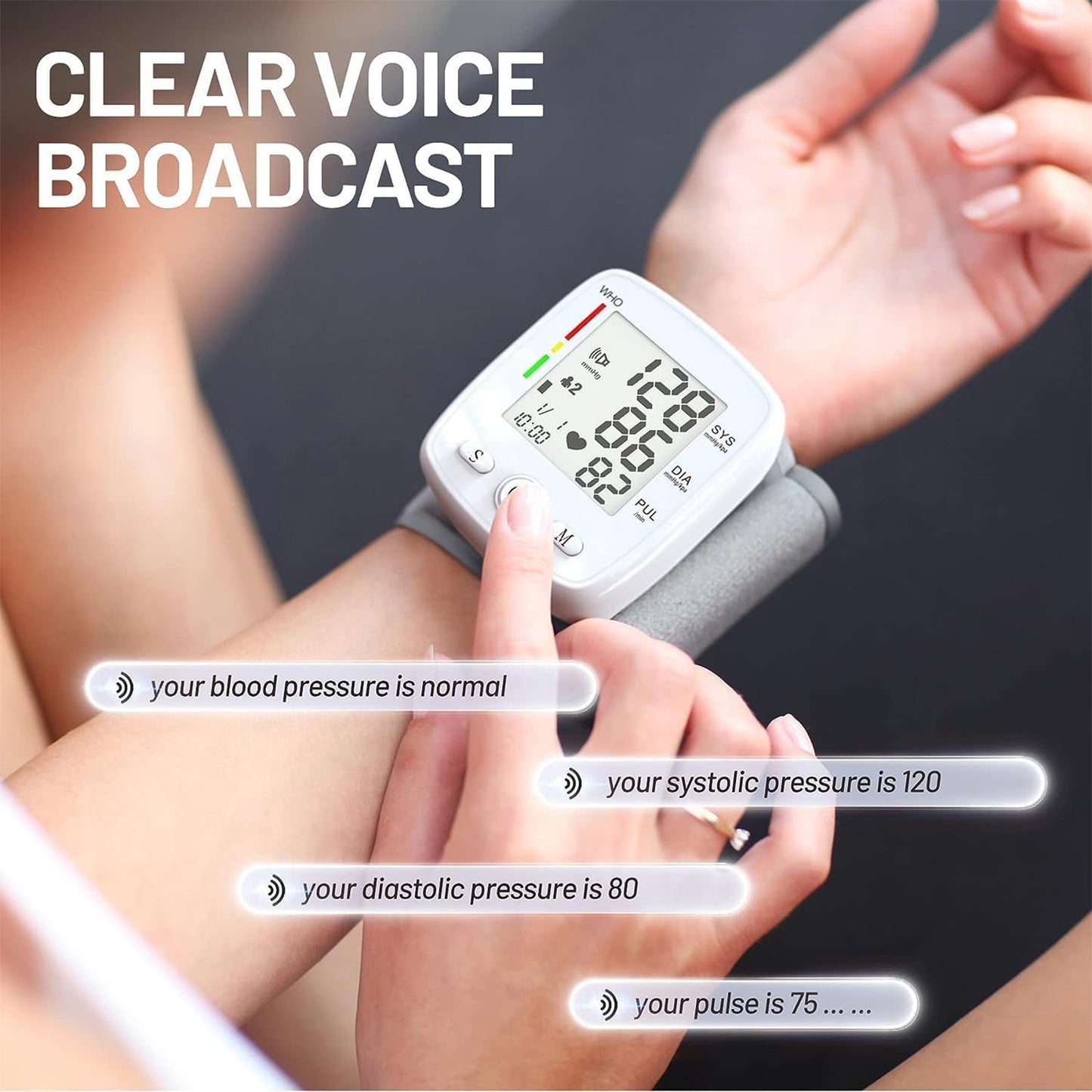 Auzui Blood Pressure Monitor, UMMLUV Wrist Pressure LED Display Automatic Voice Pulsometer Sphygmomanometer, Rechargable Heart Health BP Monitor for Home Travel Use,White