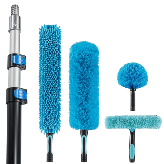 Clnez 20FT High Ceiling Fan Duster with 5–12FT Extension Pole, Telescoping Duster Kit with Cobweb, Feather, Window Squeegee & Microfiber Brush – Blue
