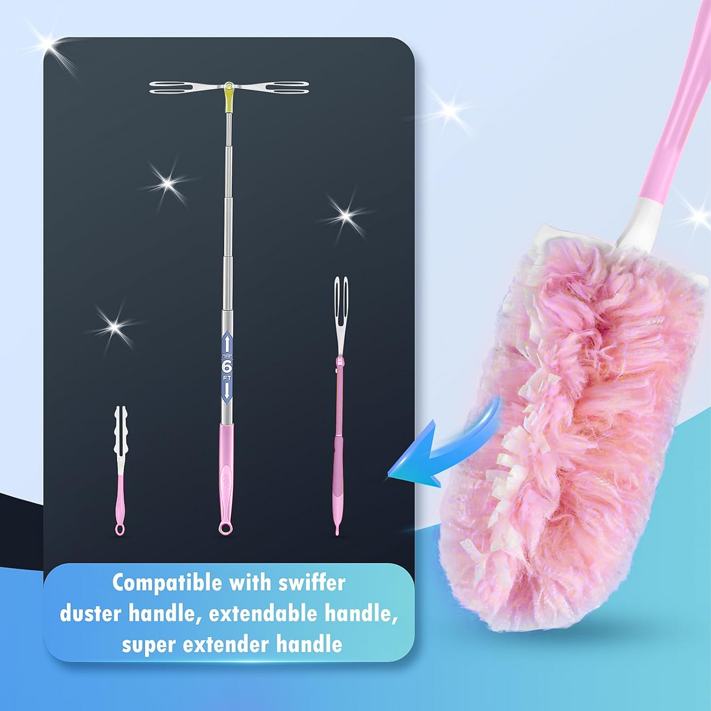 Clnez Duster Refills 360 for Swiffer 30 pcs & Handle & Extendable Handle*1 Disposable Feather Duster Multi Surface Refills(Pink)