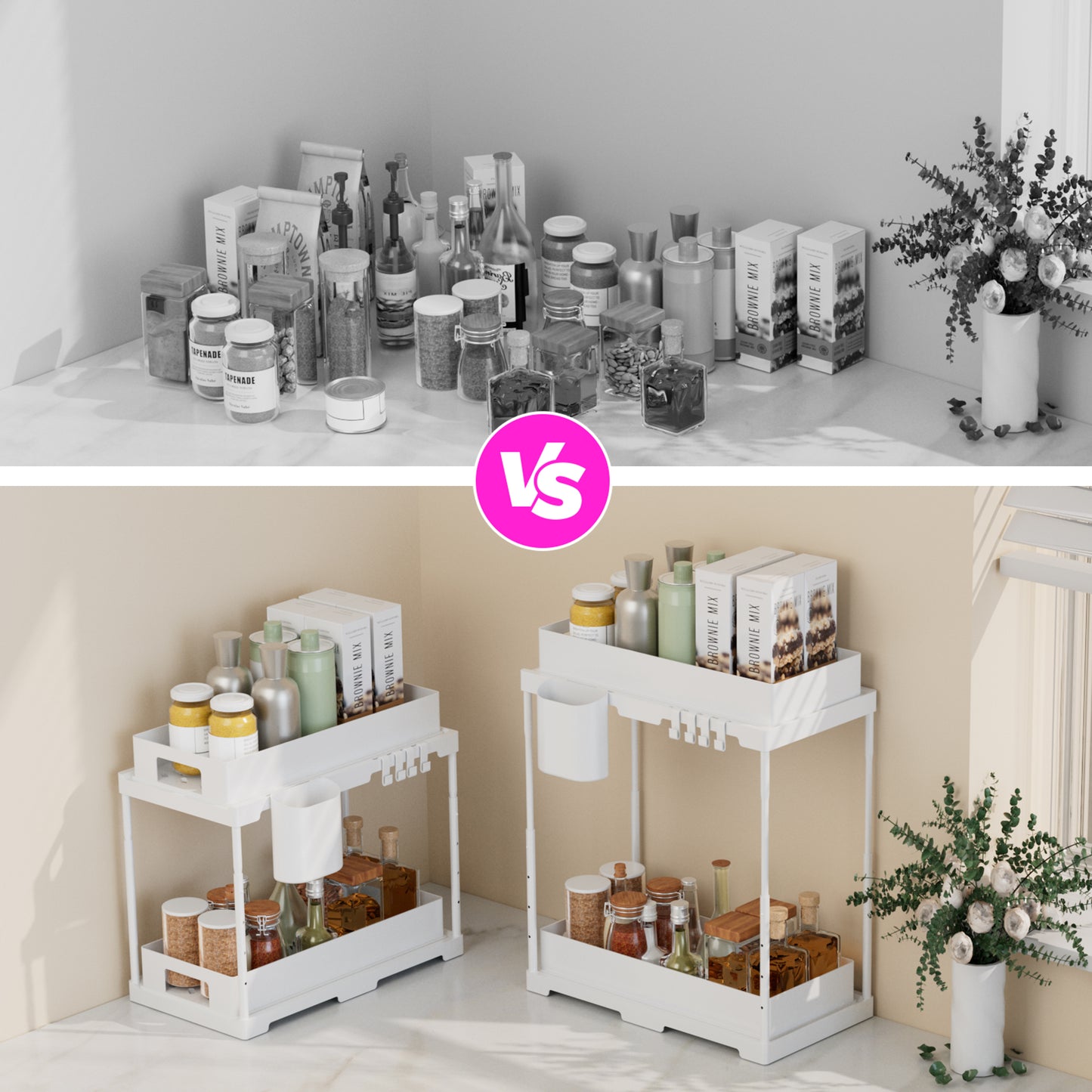 ClozOrg 2 Pack Adjustable Height Under Sink Organizers and Storage, 2 Tier Double Sliding Drawer Cabinet Basket Organizer with Hooks and Hanging Cup, for Kitchen, Bathroom, Garage Storage-White