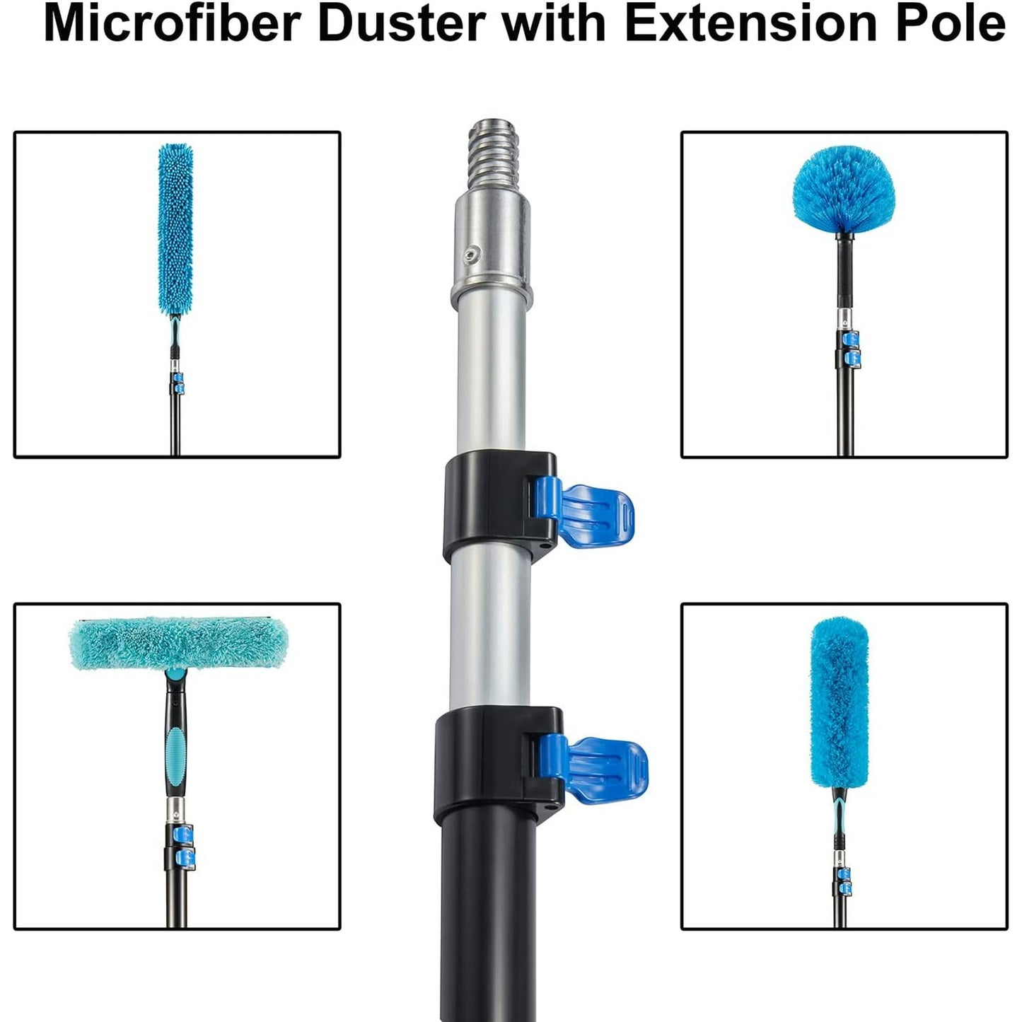 Clnez 20FT High Ceiling Fan Duster with 5–12FT Extension Pole, Telescoping Duster Kit with Cobweb, Feather, Window Squeegee & Microfiber Brush – Blue