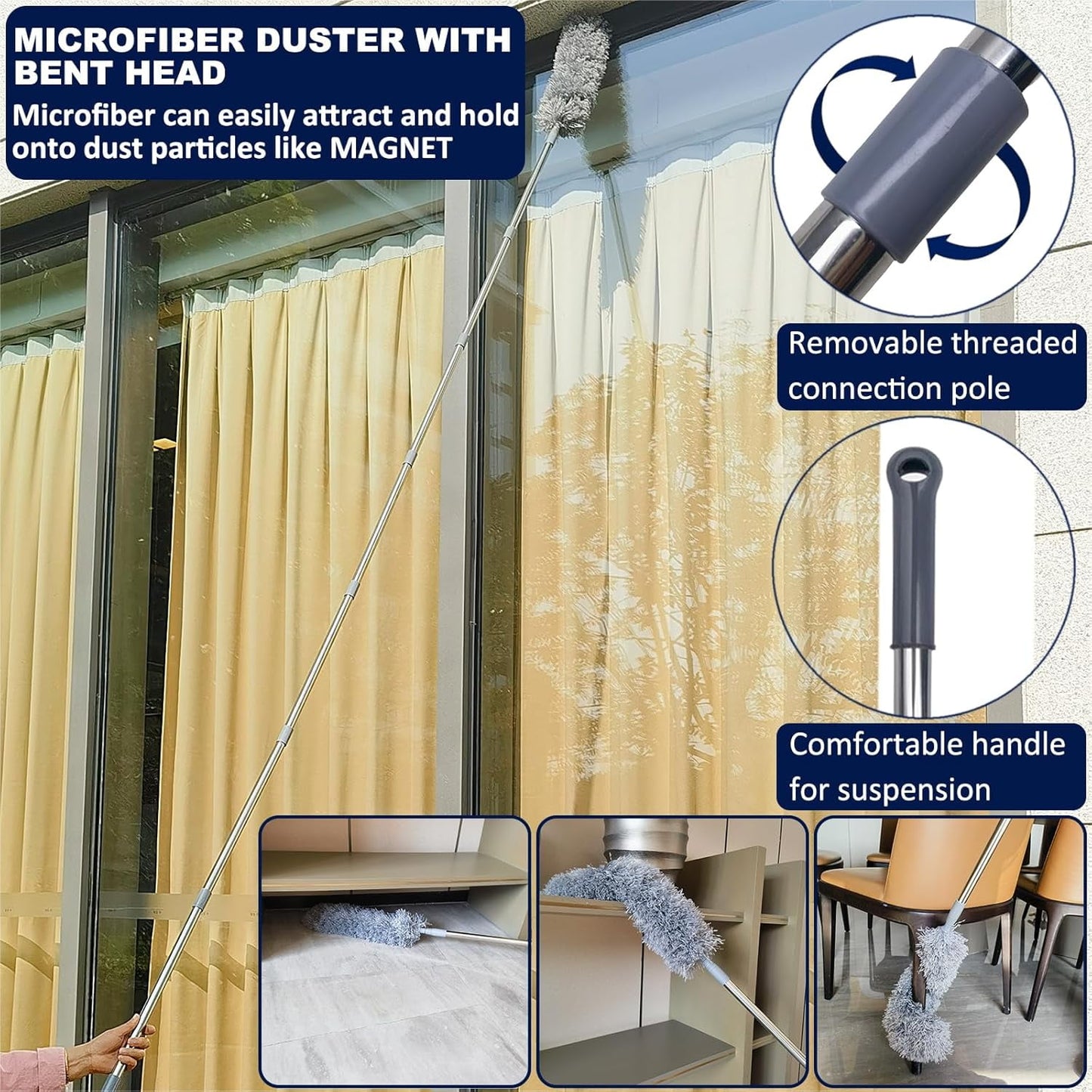 Clnez 20+ Ft High Reach Ceiling Fan Duster & Cobweb & Corner Brush Duster with 3-14 ft Spliceable Pole Microfiber Feather Duster for Spider Web, High Ceiling, Blinds, Furniture Cleaning Tool Kit