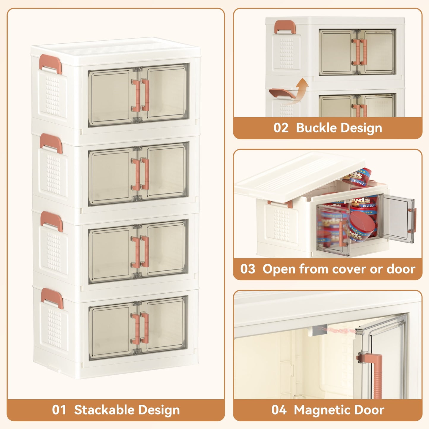 4-Pack Stackable Storage Bins with Clear Doors and Lids - 4-Tier Organizer for Office, Home, or Classroom - Space-Saving and Durable Desktop Storage Solution