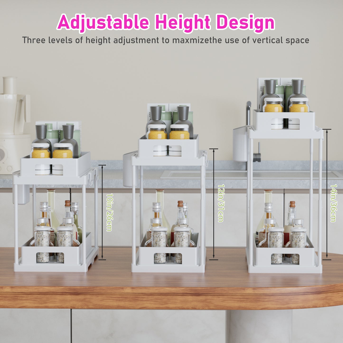 ClozOrg 2 Pack Adjustable Height Under Sink Organizers and Storage, 2 Tier Double Sliding Drawer Cabinet Basket Organizer with Hooks and Hanging Cup, for Kitchen, Bathroom, Garage Storage-White