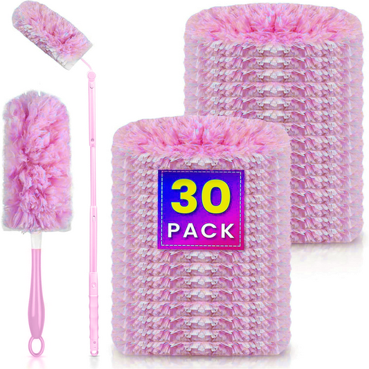 Clnez Duster Refills 360 for Swiffer 30 pcs & Handle & Extendable Handle*1 Disposable Feather Duster Multi Surface Refills(Pink)