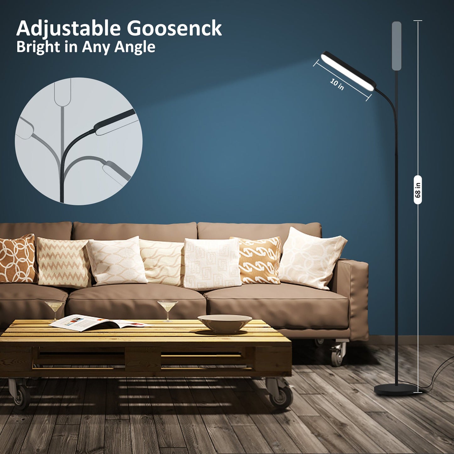 PAZZO Led Floor Lamp with 4 Color Temperature and Stepless Dimmer, Remote and Touch Control Floor Lamp, Adjustable Gooseneck Standing Lamp for Living Room