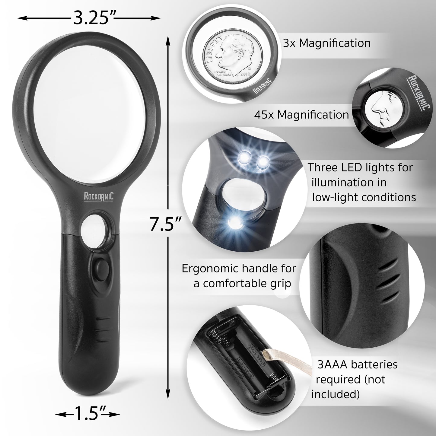 RockDaMic Professional Magnifying Glass with Light (3X / 45x) Large Lighted