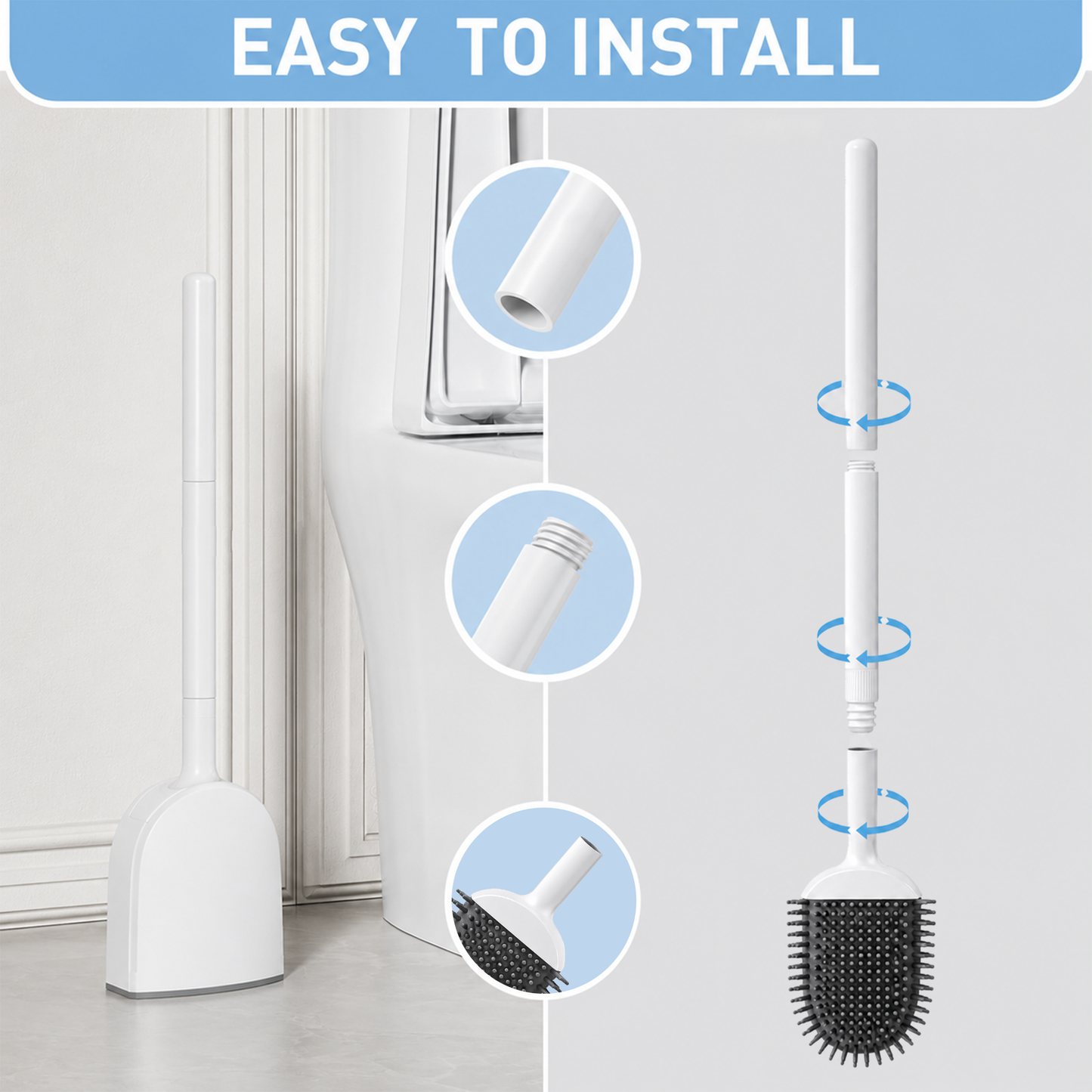 Clnez 2 Pack Toilet Brush Set, Wall-Mounted No-Drill Holder, Non-Scratch TPR Bristles, Compact Ventilated Design for Small Bathrooms, Modern White
