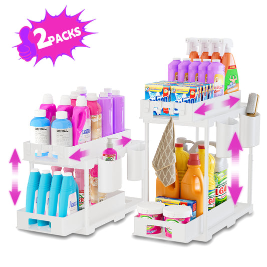 ClozOrg 2 Pack Adjustable Height Under Sink Organizers and Storage, 2 Tier Double Sliding Drawer Cabinet Basket Organizer with Hooks and Hanging Cup, for Kitchen, Bathroom, Garage Storage-White
