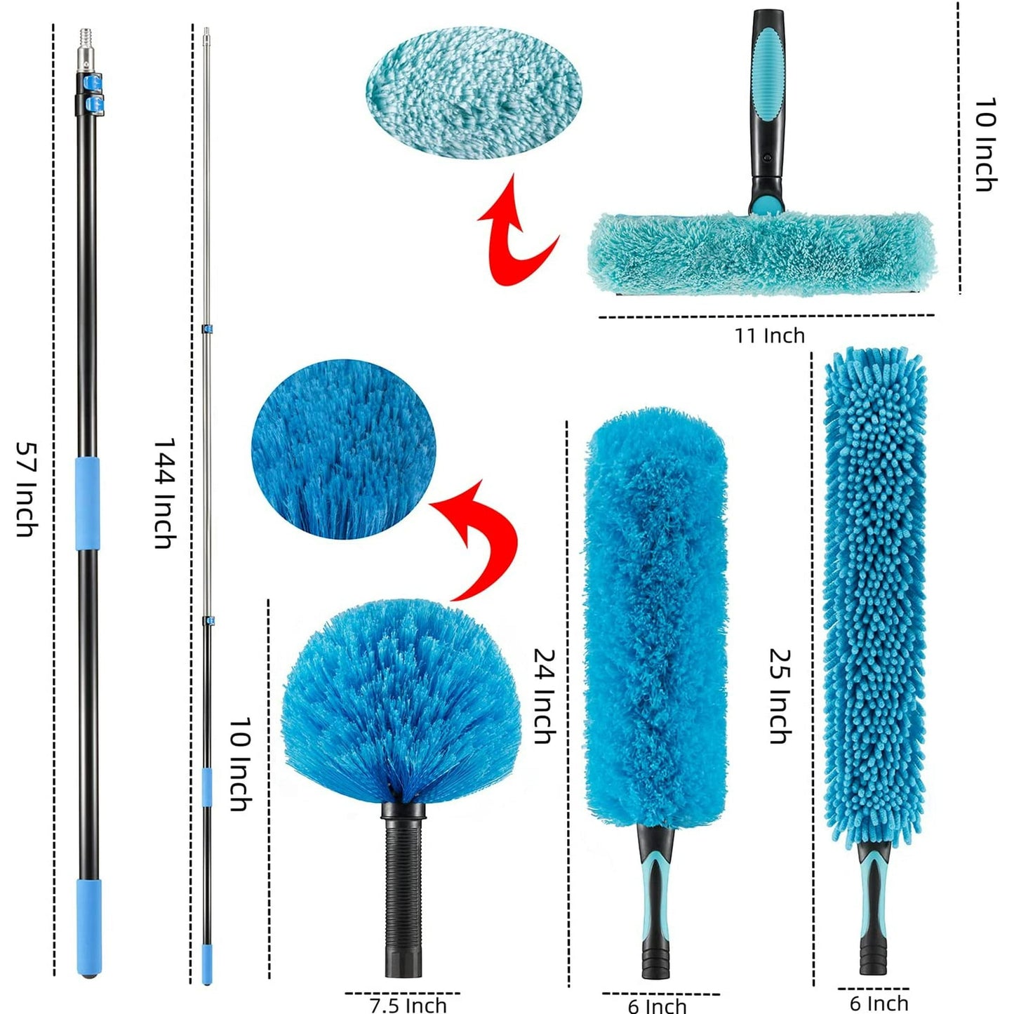 Clnez 20FT High Ceiling Fan Duster with 5–12FT Extension Pole, Telescoping Duster Kit with Cobweb, Feather, Window Squeegee & Microfiber Brush – Blue