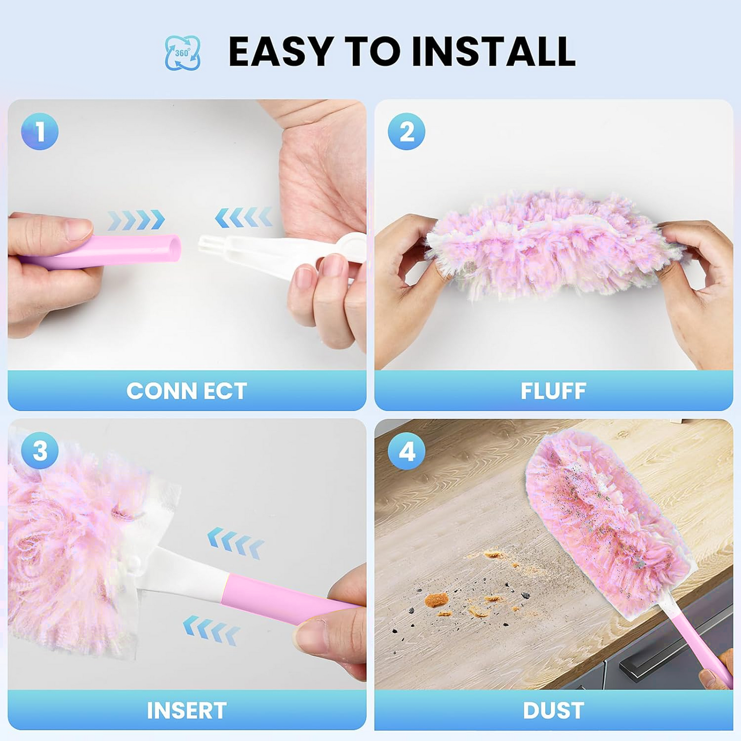 Clnez Duster Refills 360 for Swiffer 30 pcs & Handle & Extendable Handle*1 Disposable Feather Duster Multi Surface Refills(Pink)