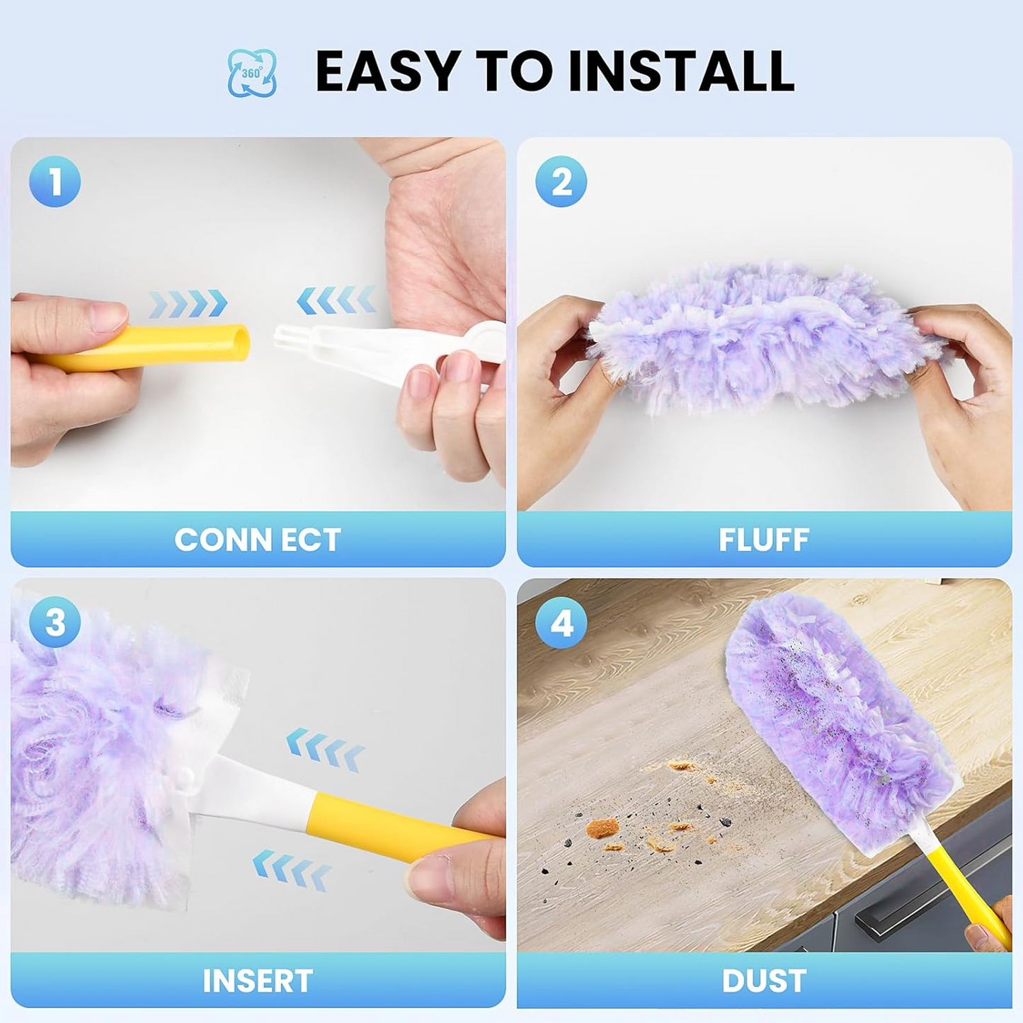 Clnez Duster Refills 360 for Swiffer 30 pcs & Handle & Extendable Handle*1 Disposable Feather Duster Multi Surface Refills(Purple)