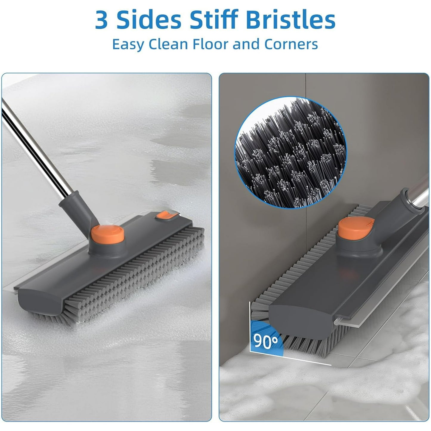 Scrub Brush with Long Handle, Floor Scrub Brush Squeegee Broom for Cleaning, 3 in 1 Shower Scrubber Floor Broom Squeegee for Concrete Tile Wall Deck Patio Grey
