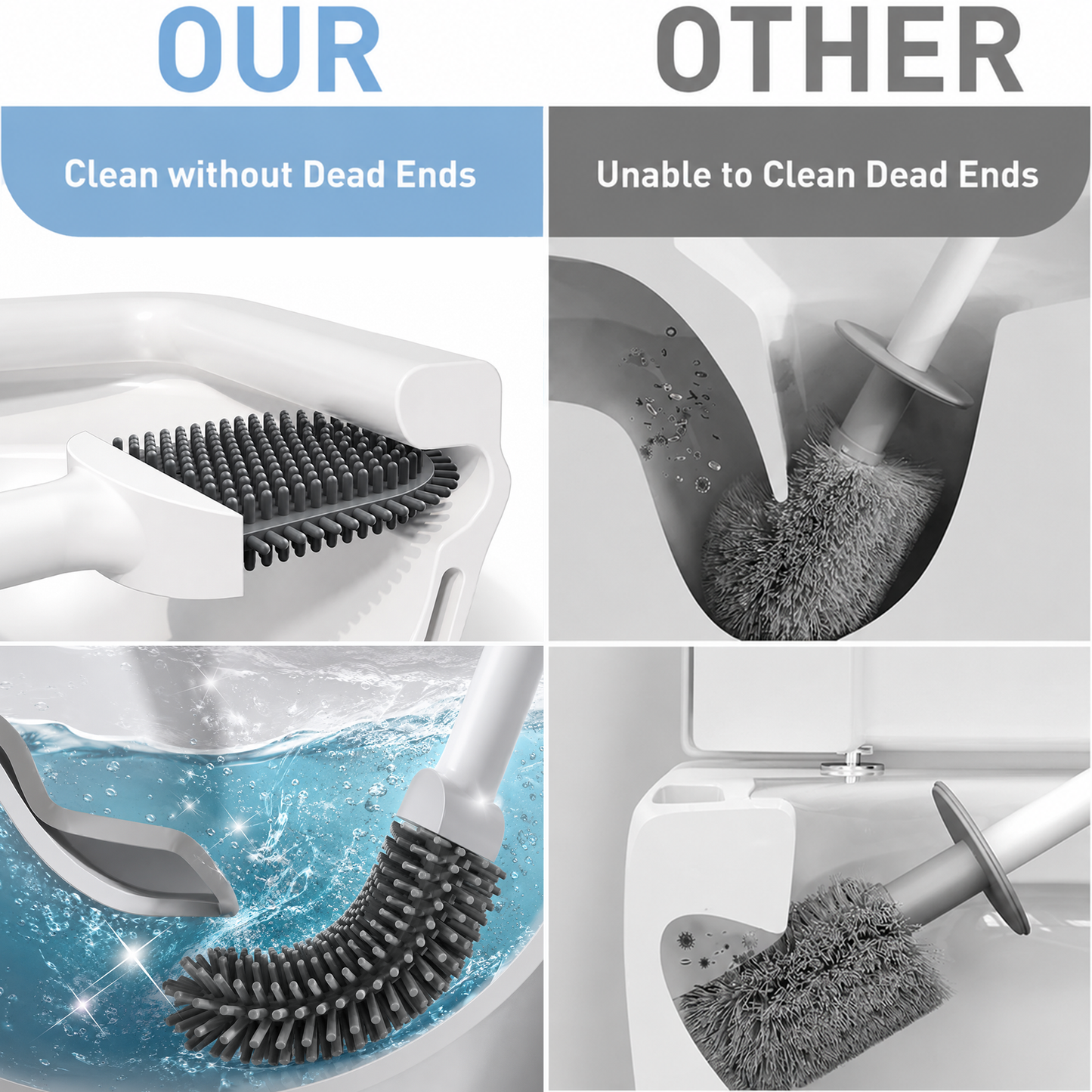 Clnez 2 Pack Toilet Brush Set, Wall-Mounted No-Drill Holder, Non-Scratch TPR Bristles, Compact Ventilated Design for Small Bathrooms, Modern White
