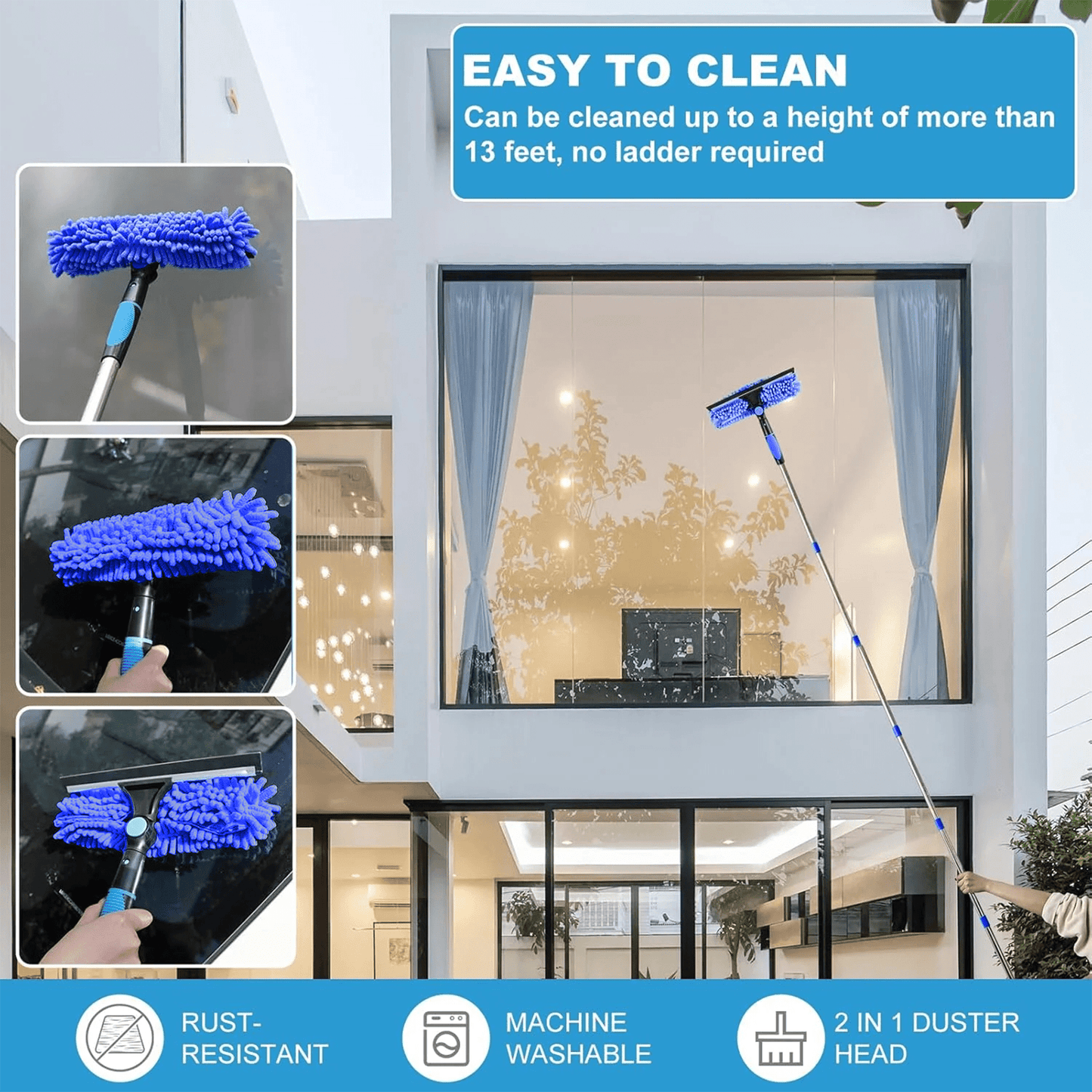 Clnez High Reach Duster Kit with 14 ft Extension Pole High Ceiling Dusting and Window Cleaning Kit with Spliceable Pole - Cobweb Duster, Fan Blade, Window Washer & Squeegee and Feather Dusters