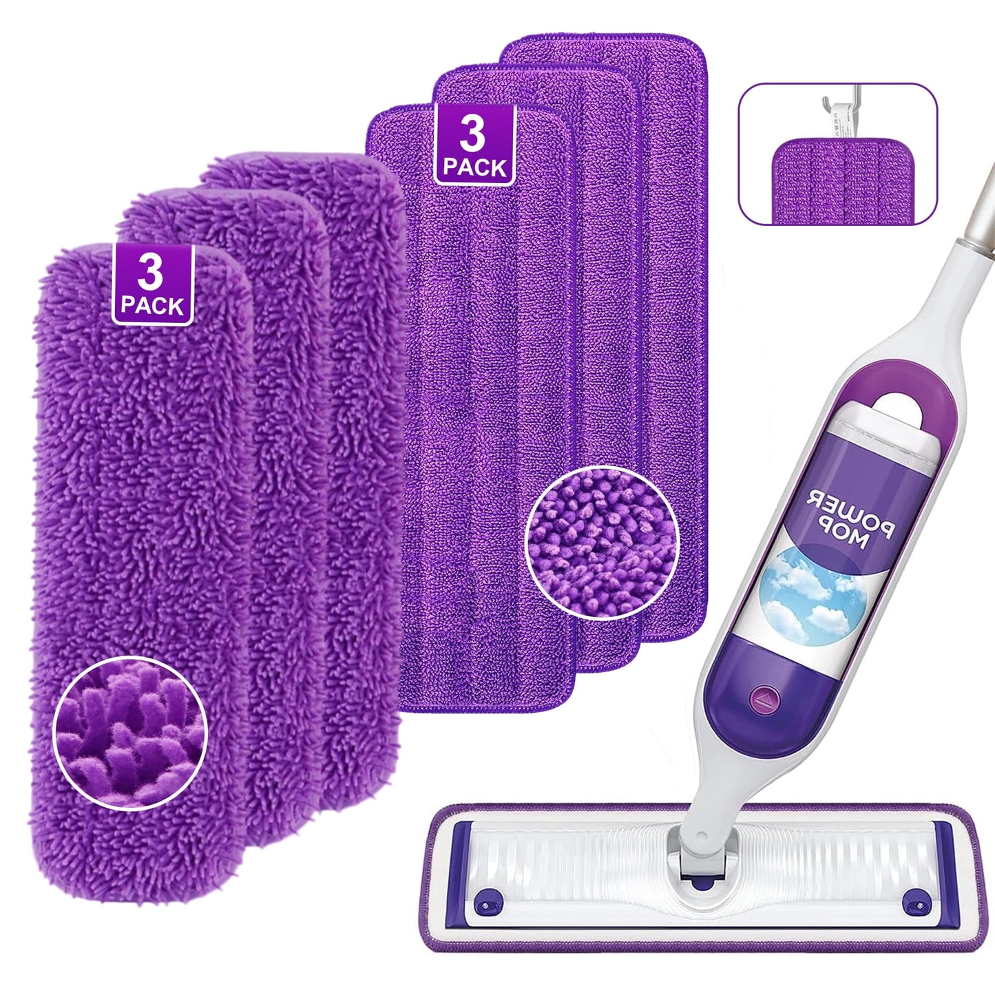 Clnez 6-Pack Reusable Microfiber Mop Pads for PowerMop – Machine Washable Wet Mop Refills for Hardwood Floors – Fits 13”–15” Spray Mops