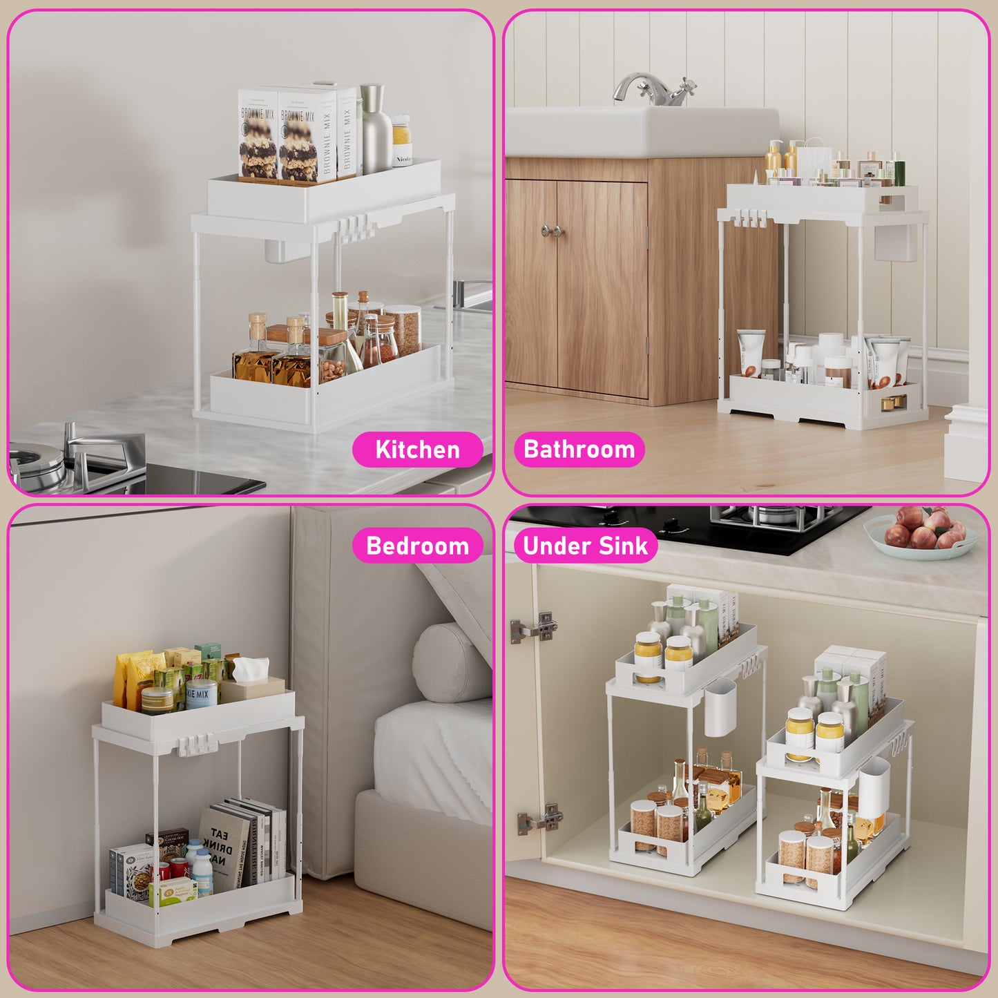 ClozOrg 2 Pack Adjustable Height Under Sink Organizers and Storage, 2 Tier Double Sliding Drawer Cabinet Basket Organizer with Hooks and Hanging Cup, for Kitchen, Bathroom, Garage Storage-White